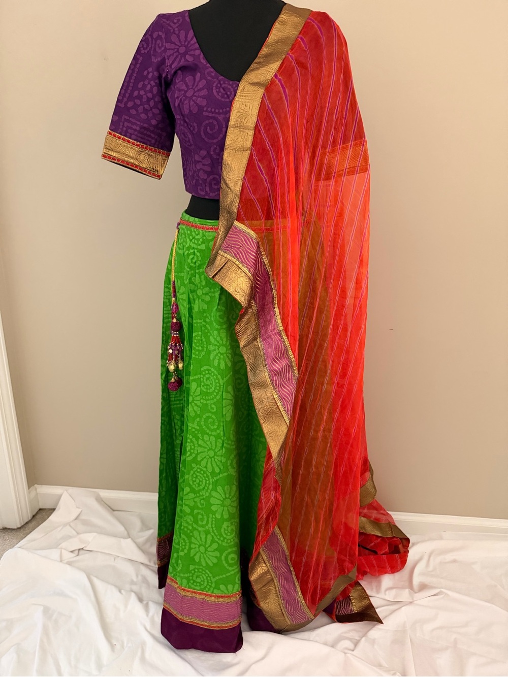 Traditional Green and Purple Lehenga with Contrast Dupatta